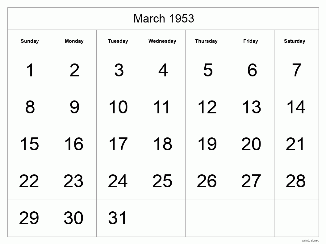 March 1953 Printable Calendar - Big Dates