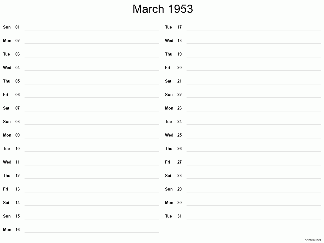 March 1953 Printable Calendar - Two Column Notesheet