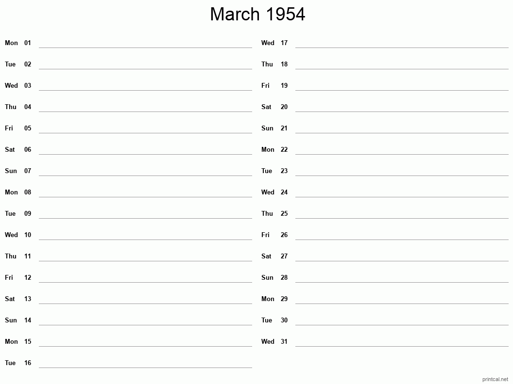 March 1954 Printable Calendar - Two Column Notesheet