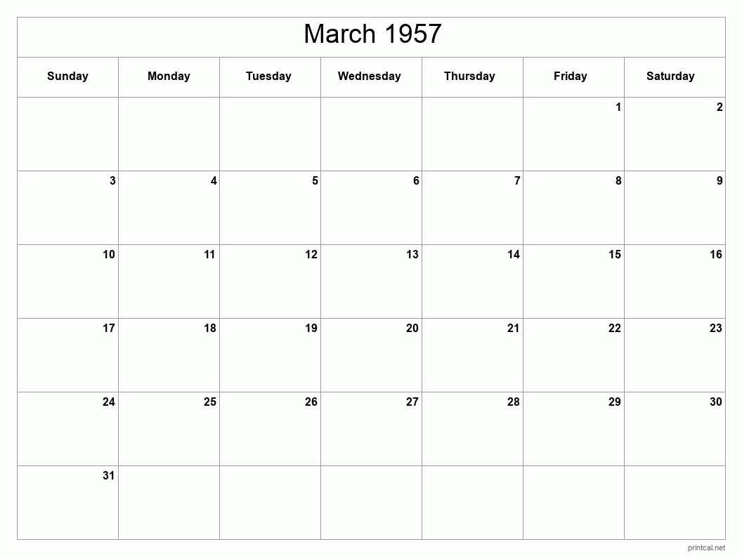 March 1957 Printable Calendar - Classic Blank Sheet