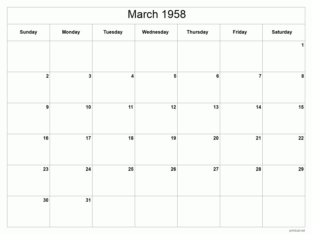 March 1958 Printable Calendar - Classic Blank Sheet