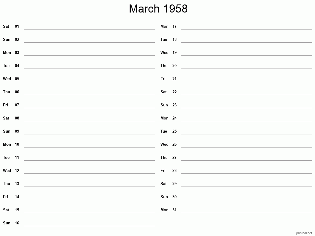 March 1958 Printable Calendar - Two Column Notesheet