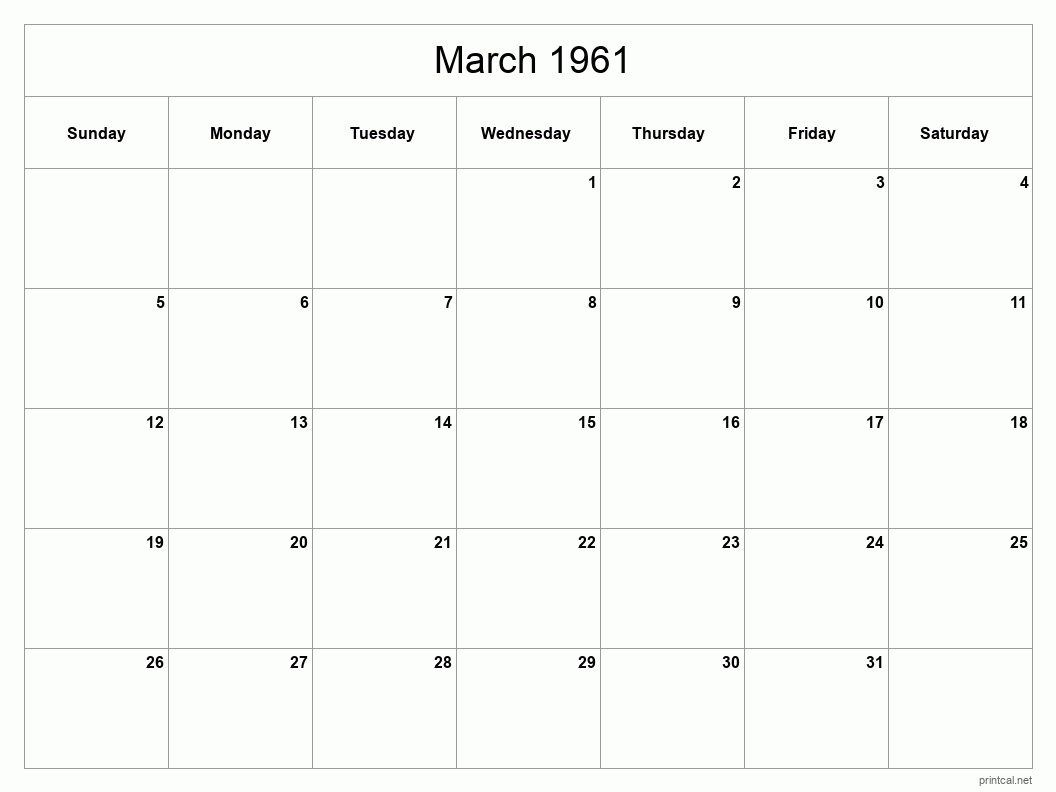 March 1961 Printable Calendar - Classic Blank Sheet