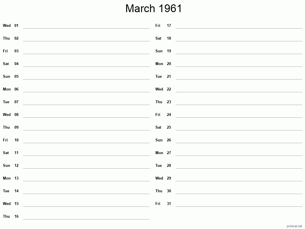 March 1961 Printable Calendar - Two Column Notesheet