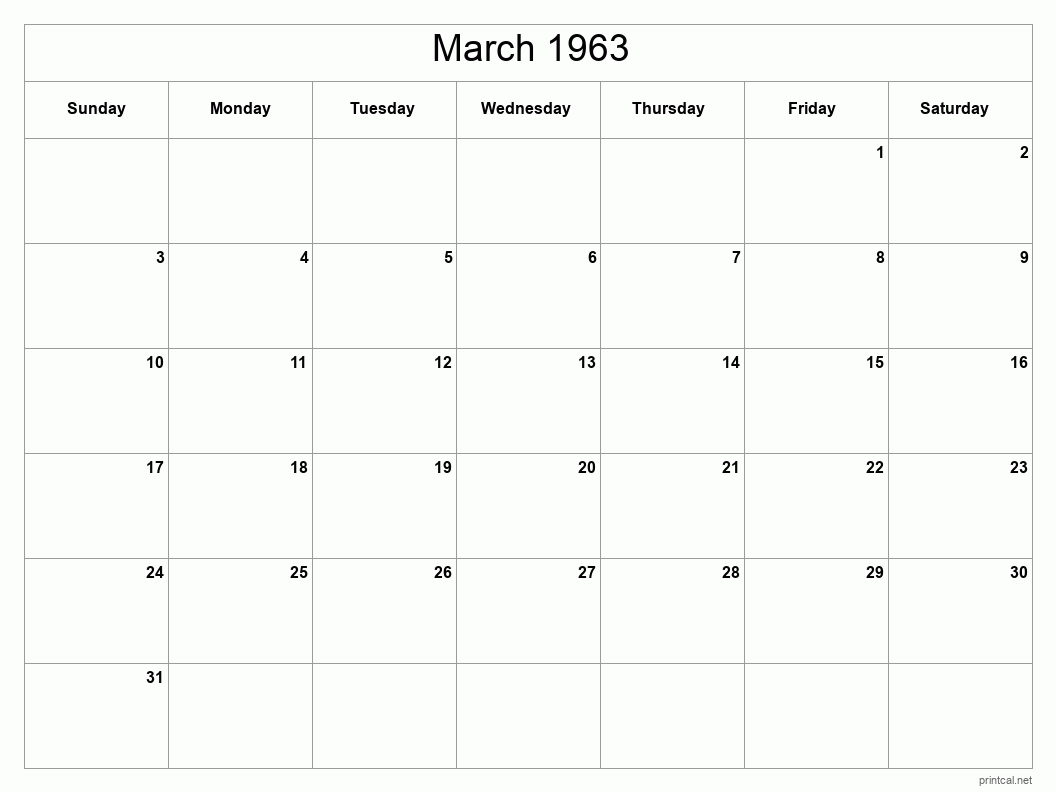 March 1963 Printable Calendar - Classic Blank Sheet