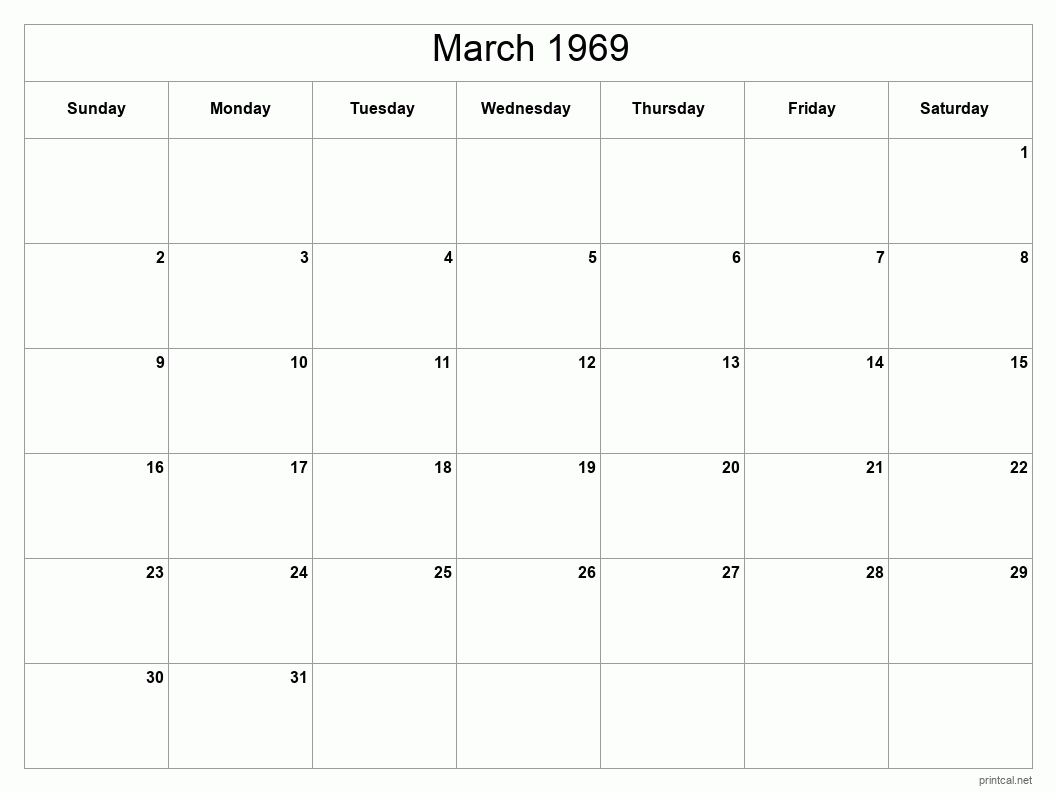 March 1969 Printable Calendar - Classic Blank Sheet