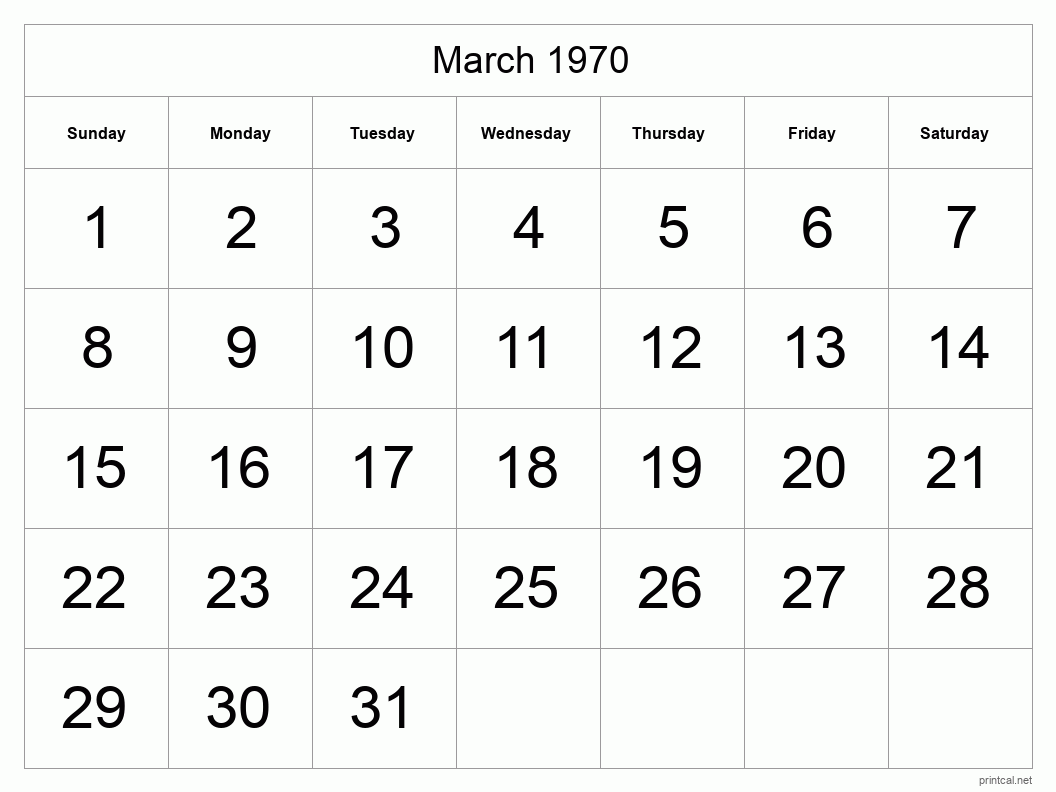 March 1970 Printable Calendar - Big Dates