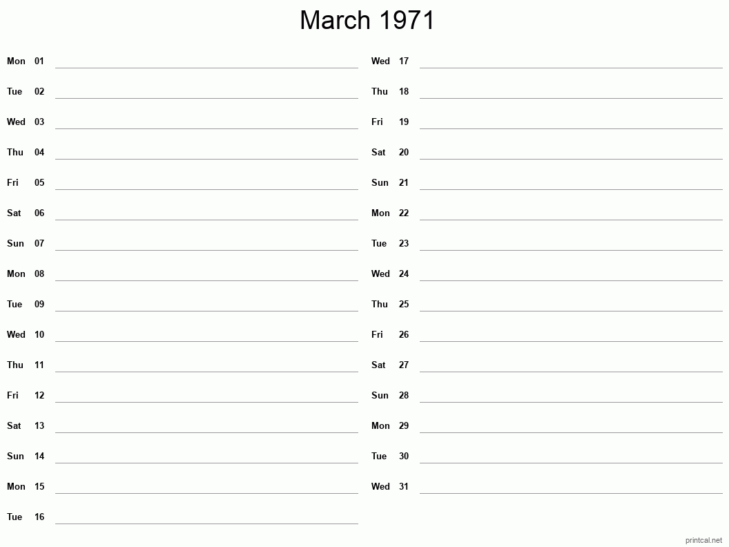 March 1971 Printable Calendar - Two Column Notesheet