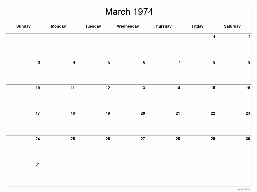 March 1974 Printable Calendar - Classic Blank Sheet