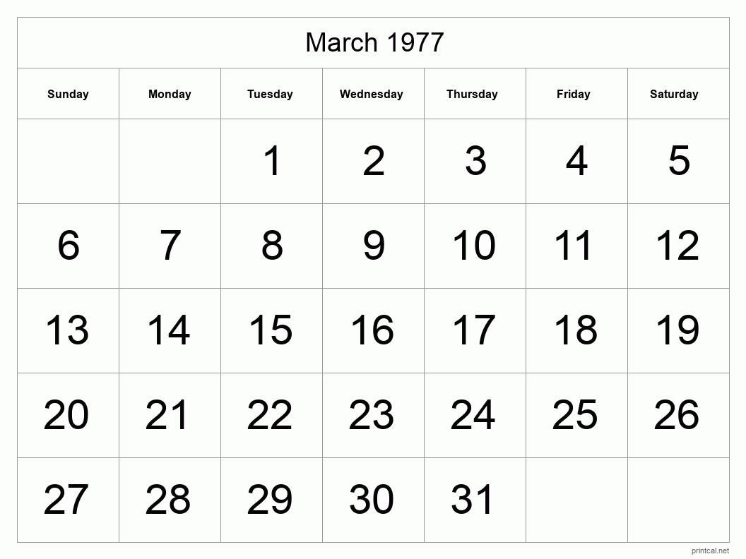 March 1977 Printable Calendar - Big Dates