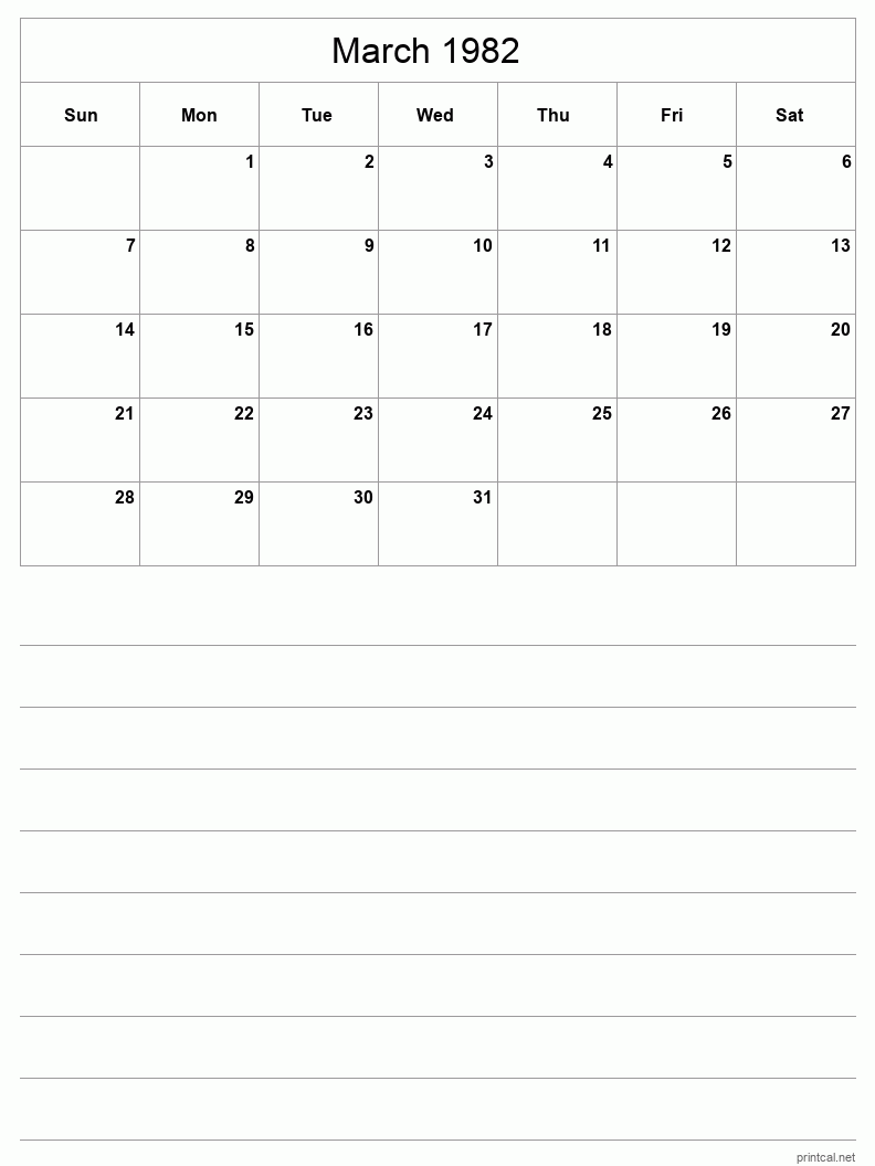 March 1982 Printable Calendar - Half-Page With Notesheet