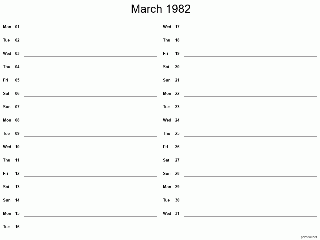 March 1982 Printable Calendar - Two Column Notesheet