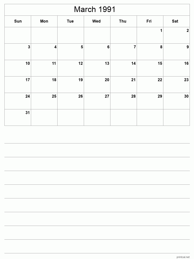 March 1991 Printable Calendar - Half-Page With Notesheet