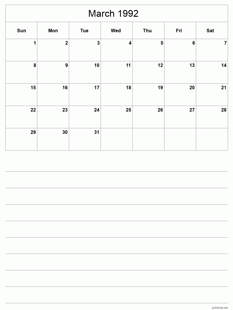 March 1992 Printable Calendar - Half-Page With Notesheet