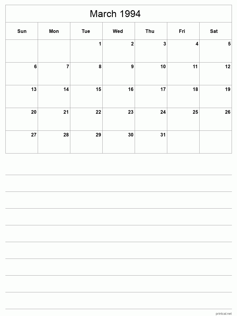 March 1994 Printable Calendar - Half-Page With Notesheet