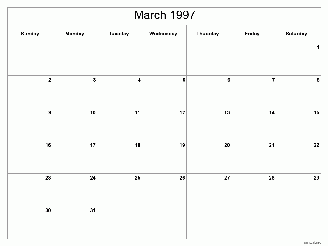 March 1997 Printable Calendar - Classic Blank Sheet