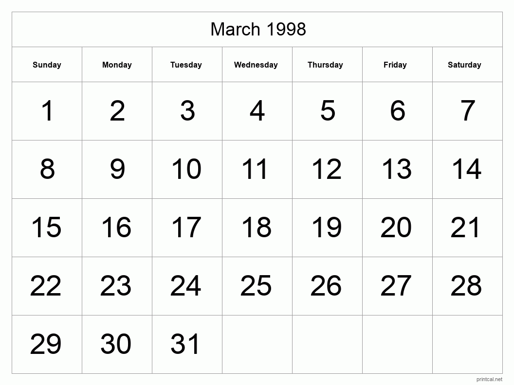 March 1998 Printable Calendar - Big Dates