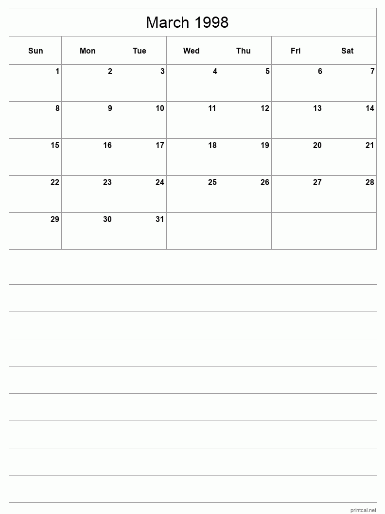 March 1998 Printable Calendar - Half-Page With Notesheet