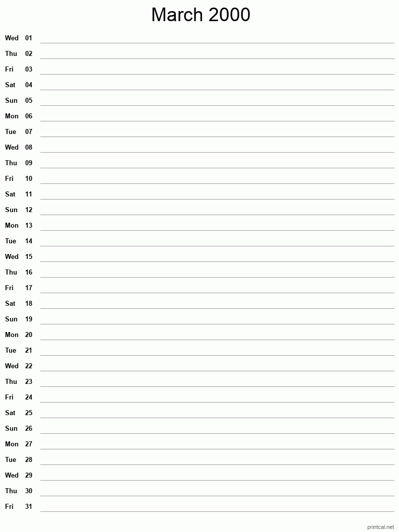 March 2000 Printable Calendar - Single Column Notesheet