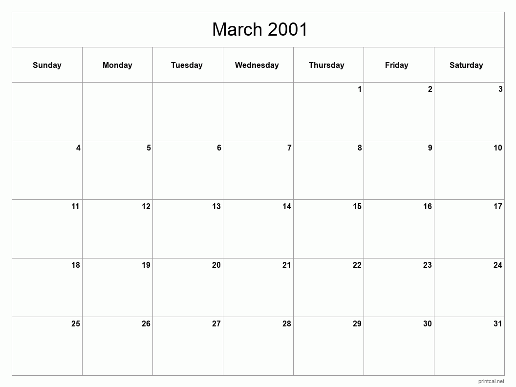 March 2001 Printable Calendar - Classic Blank Sheet