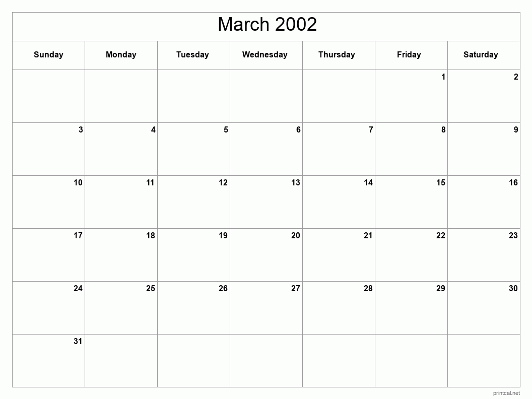 March 2002 Printable Calendar - Classic Blank Sheet