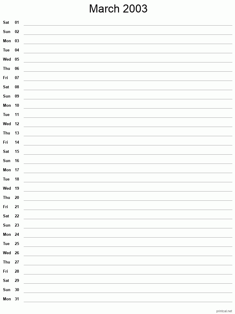 March 2003 Printable Calendar - Single Column Notesheet