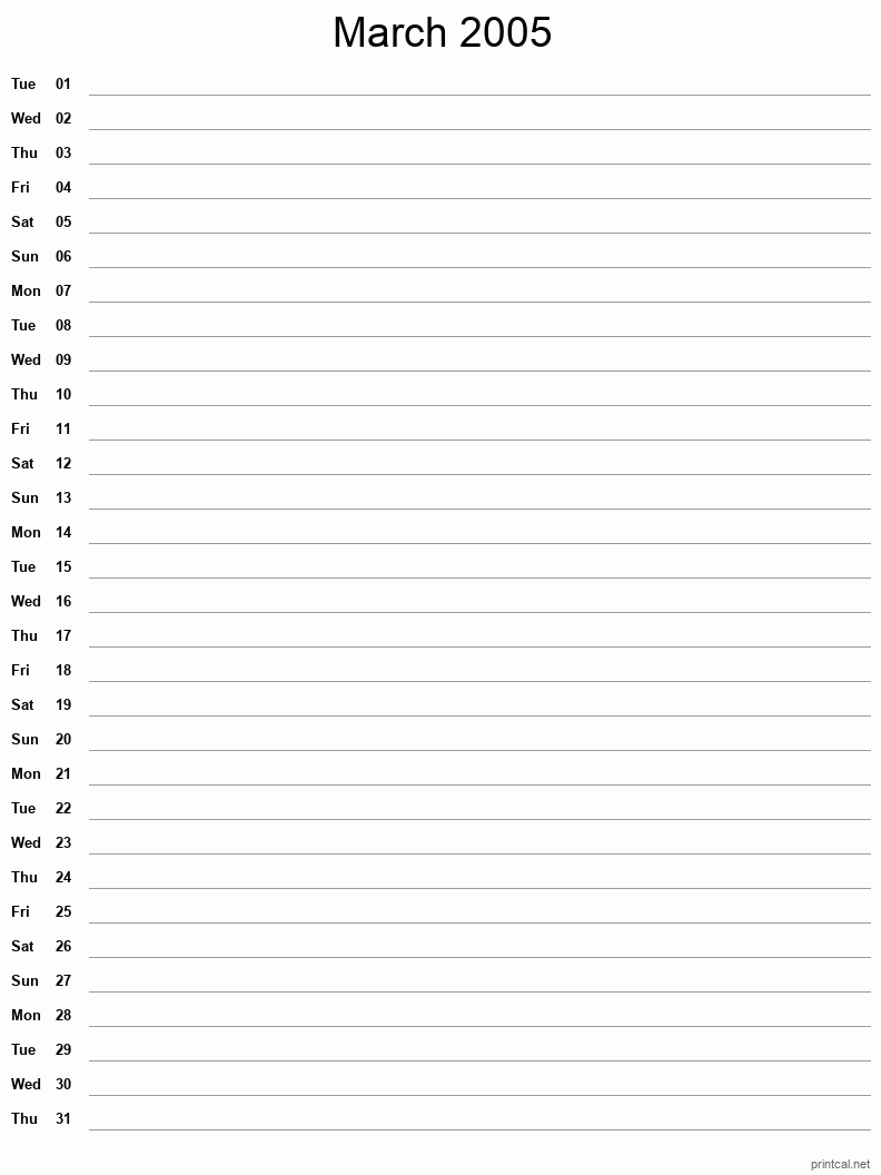 March 2005 Printable Calendar - Single Column Notesheet