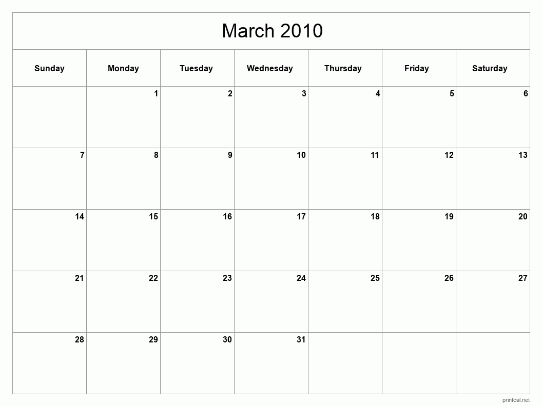 March 2010 Printable Calendar - Classic Blank Sheet