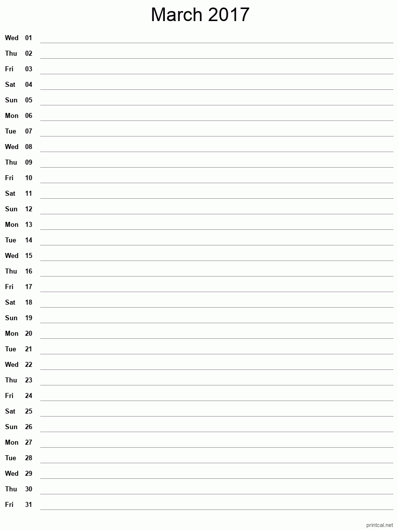 March 2017 Printable Calendar - Single Column Notesheet