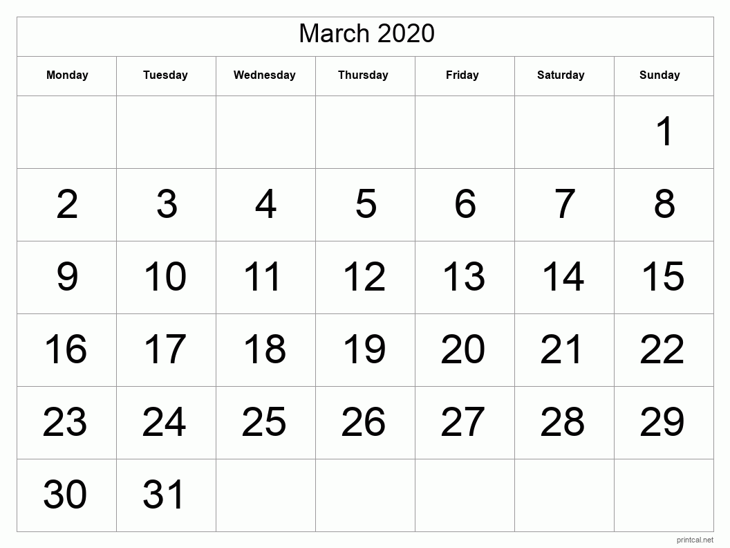 March 2020 Printable Calendar - Big Dates