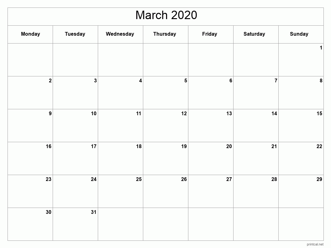 March 2020 Printable Calendar - Classic Blank Sheet