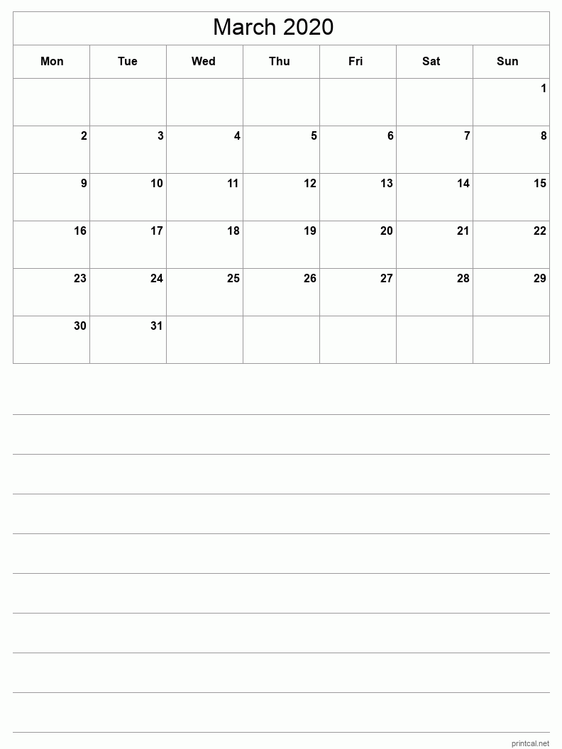 March 2020 Printable Calendar - Half-Page With Notesheet