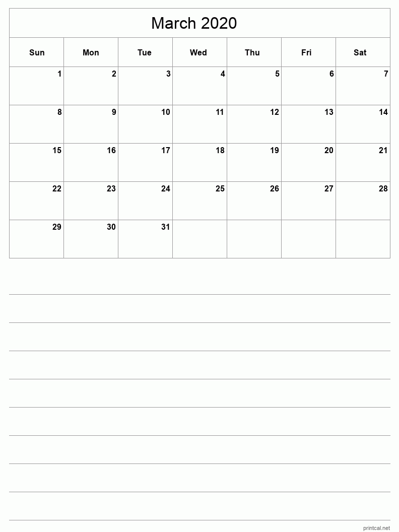March 2020 Printable Calendar - Half-Page With Notesheet