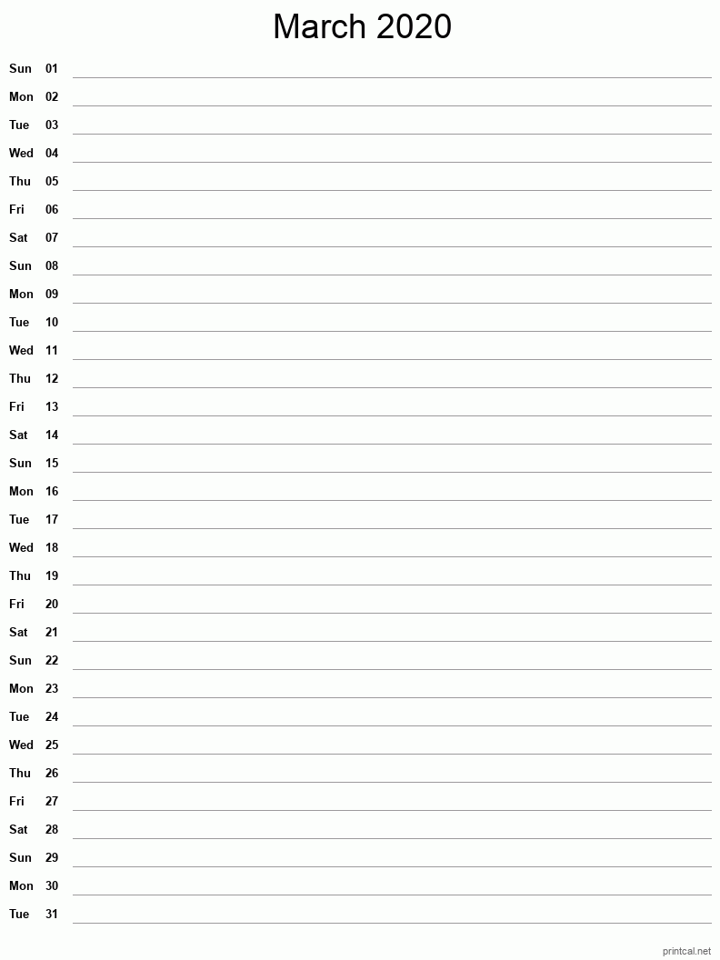 March 2020 Printable Calendar - Single Column Notesheet