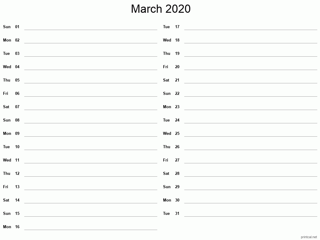 March 2020 Printable Calendar - Two Column Notesheet