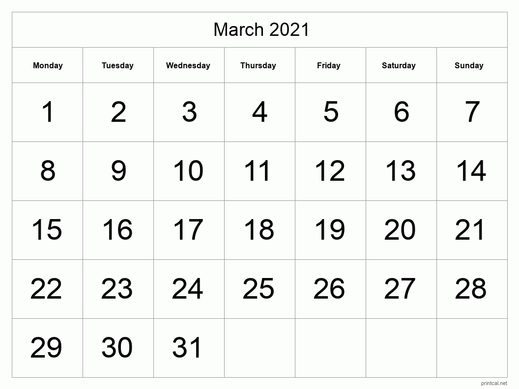 March 2021 Printable Calendar - Big Dates