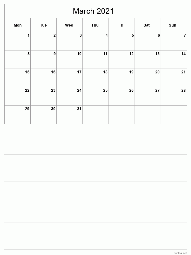 March 2021 Printable Calendar - Half-Page With Notesheet