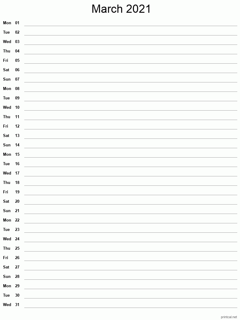 March 2021 Printable Calendar - Single Column Notesheet