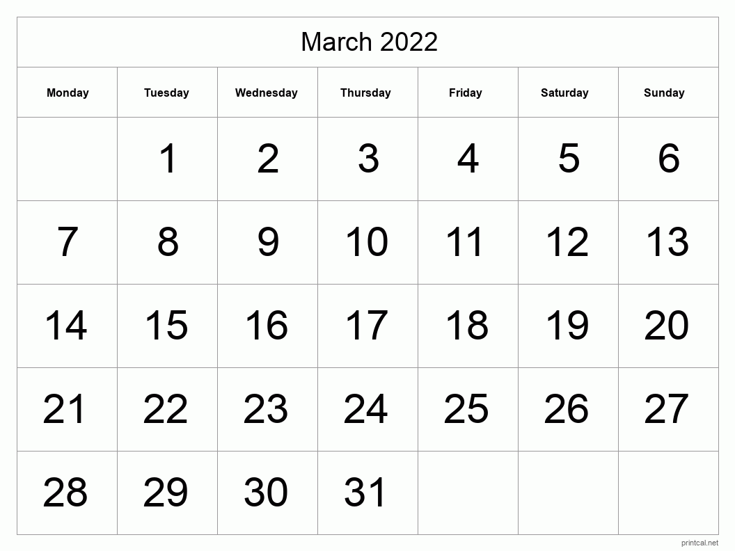 March 2022 Printable Calendar - Big Dates