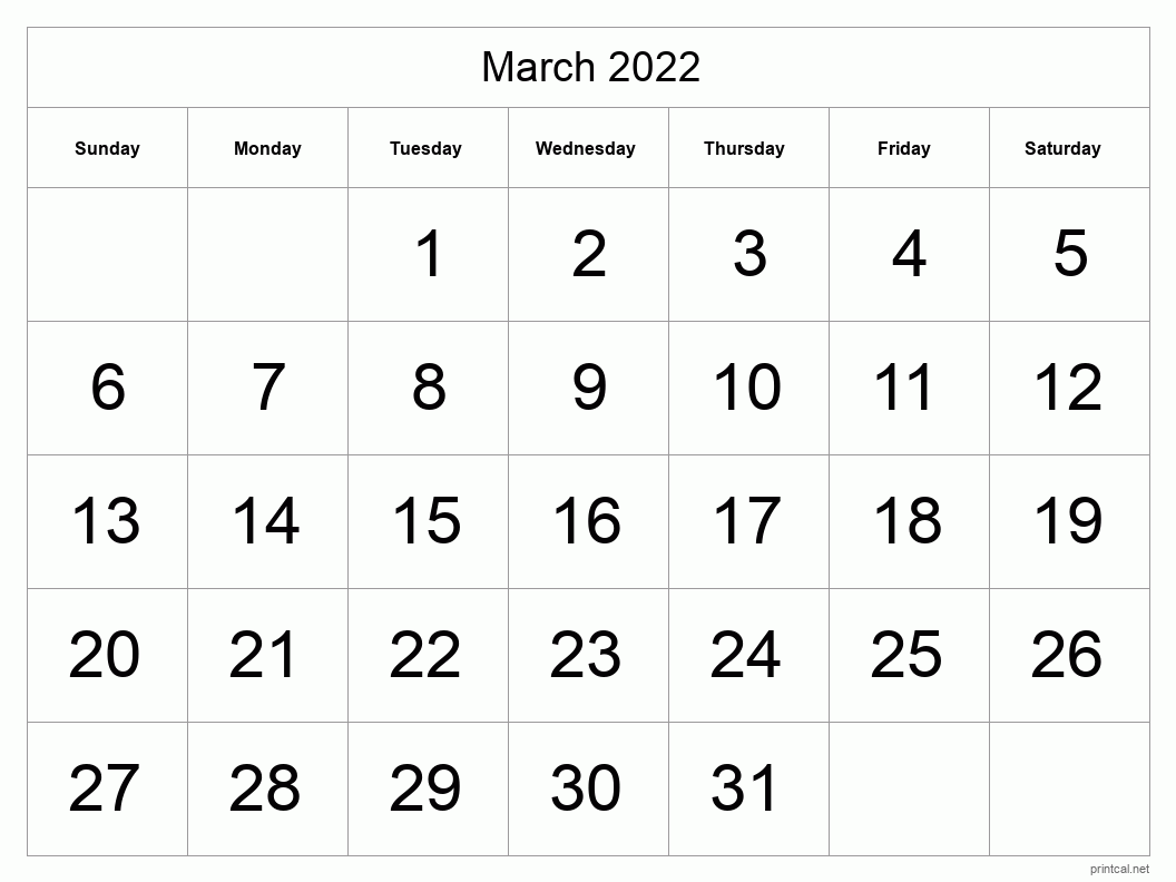 March 2022 Printable Calendar - Big Dates