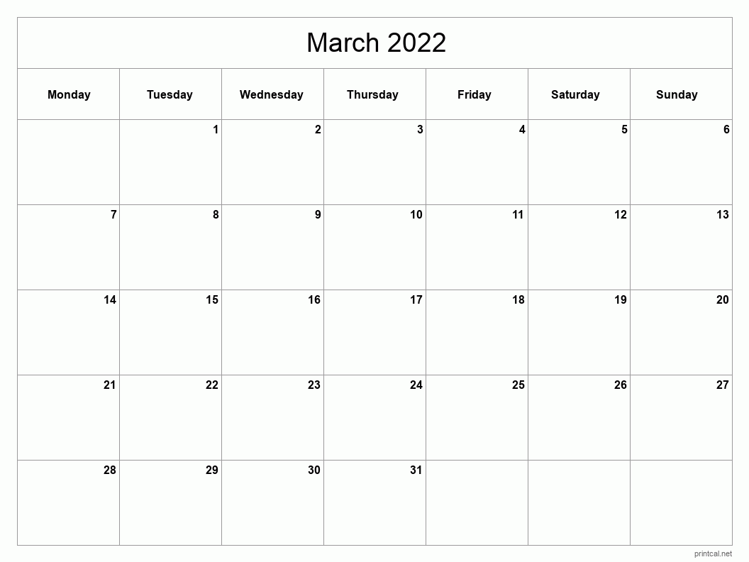 March 2022 Printable Calendar - Classic Blank Sheet