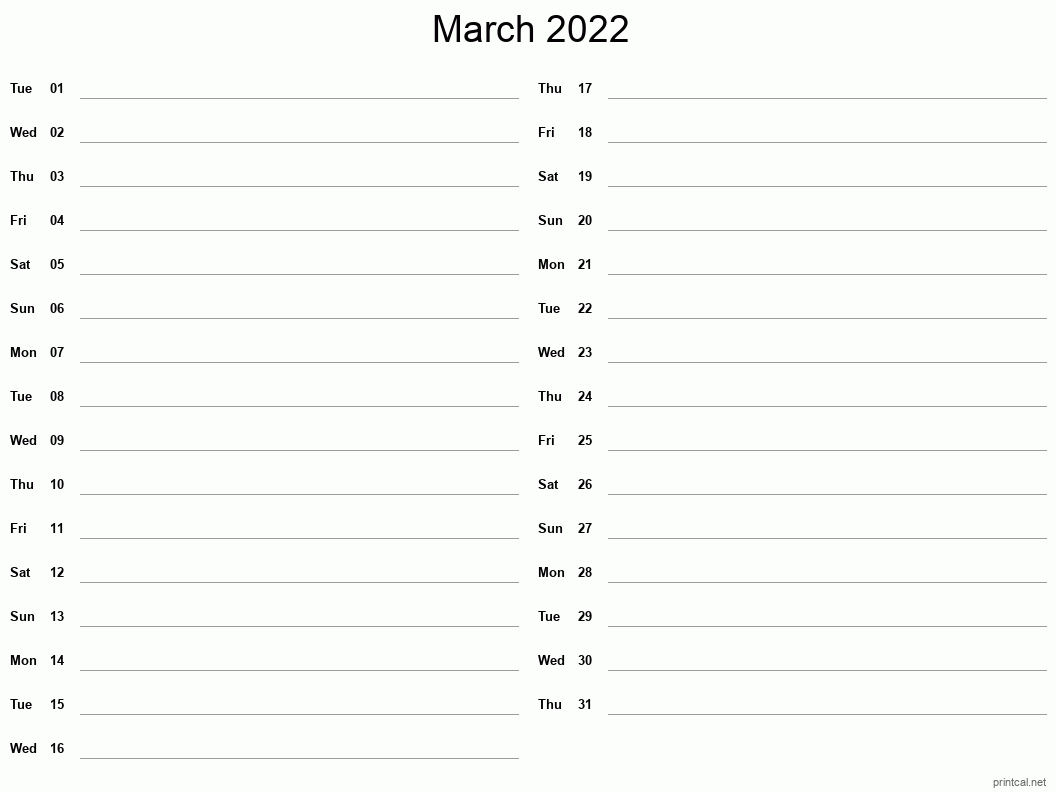 March 2022 Printable Calendar - Two Column Notesheet