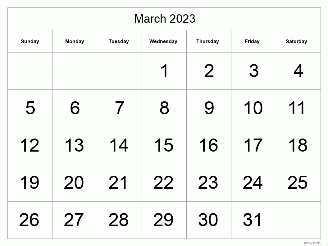 March 2023 Printable Calendar - Big Dates
