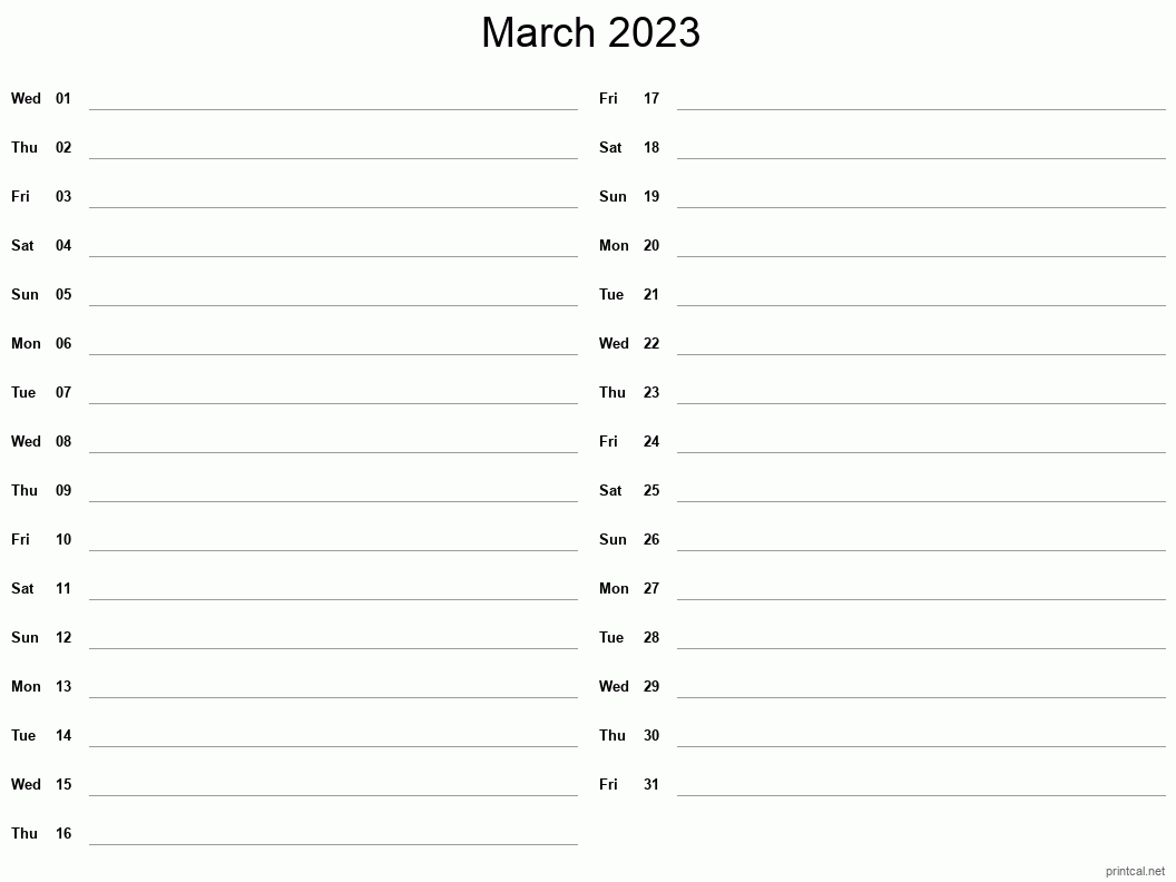 March 2023 Printable Calendar - Two Column Notesheet