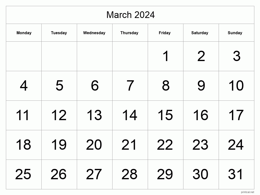 March 2024 Printable Calendar - Big Dates