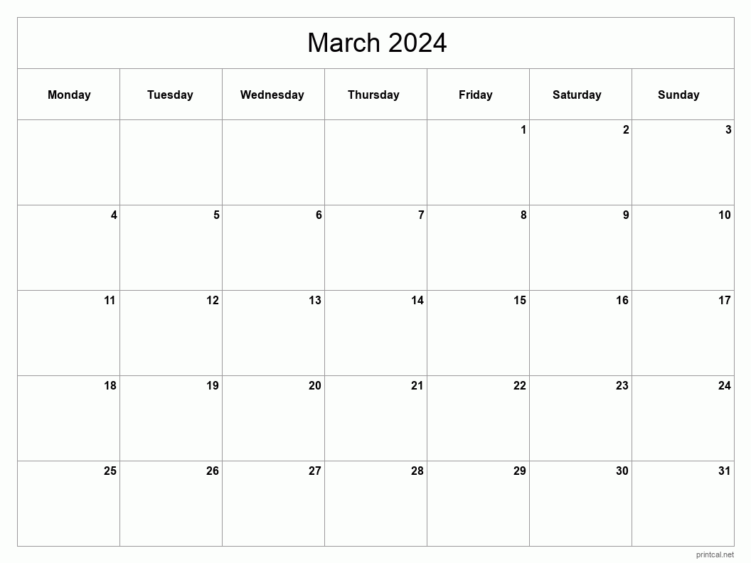 March 2024 Printable Calendar - Classic Blank Sheet