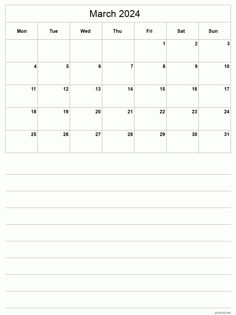 March 2024 Printable Calendar - Half-Page With Notesheet