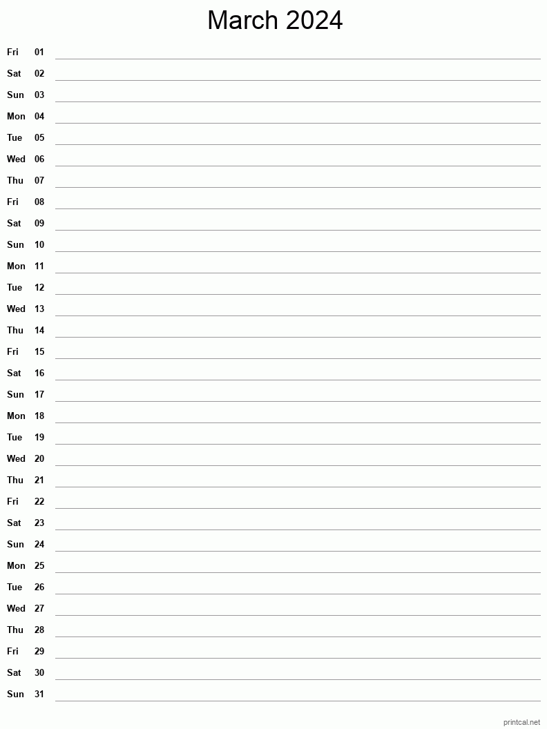 March 2024 Printable Calendar - Single Column Notesheet