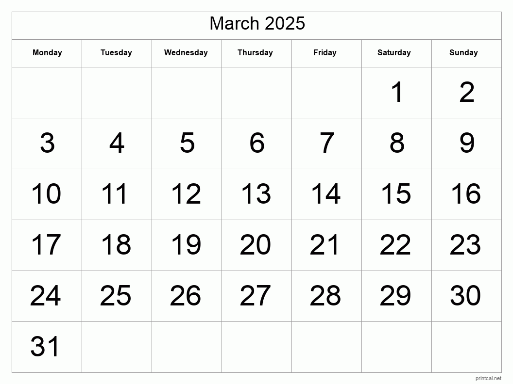 March 2025 Printable Calendar - Big Dates