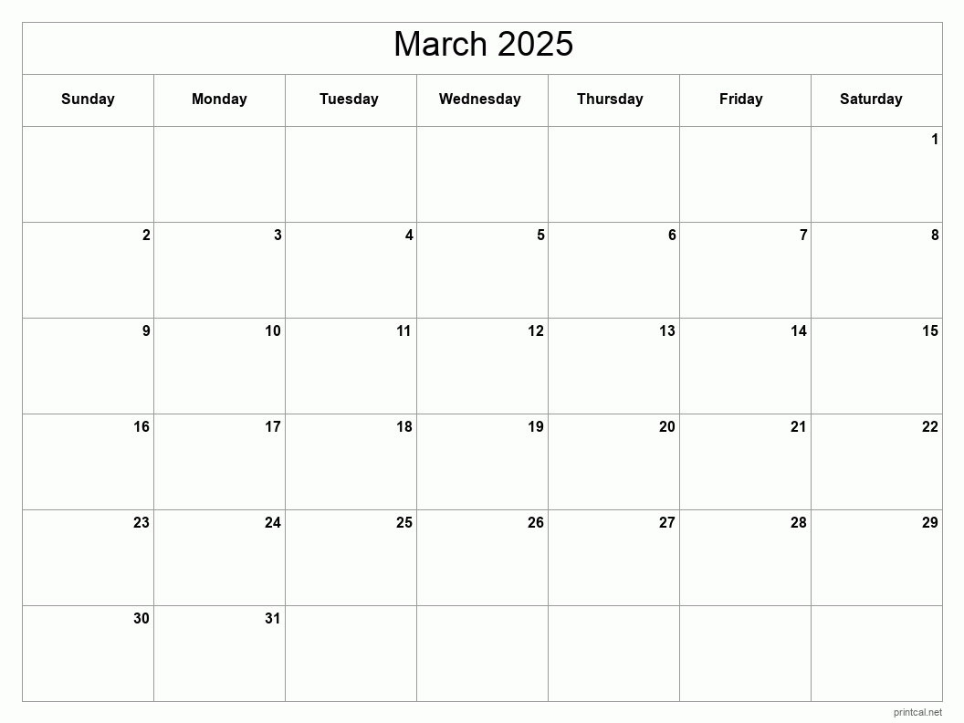 Printable March 2025 Calendar Classic Blank Sheet